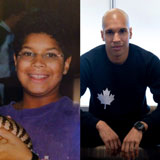 A young curly haired boy in a purple shirt and that same boy as a fit adult with a shaved head wearing a black shirt.