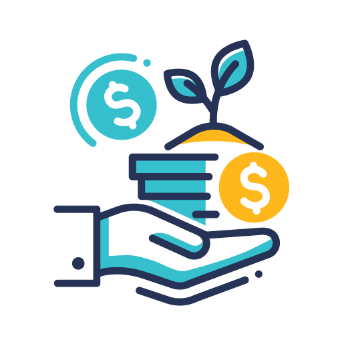 Donation logo with a hand holding books, a plant and two money signs