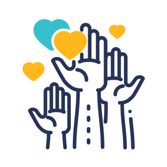 Volunteering logo - Three hands and 3 yellow and 1 blue hearts.