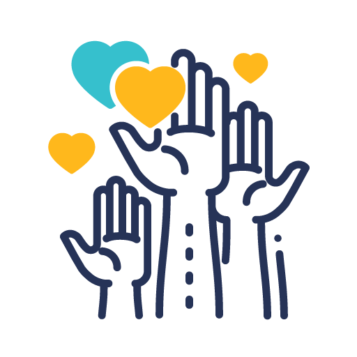 Volunteering logo - Three hands and 3 yellow and 1 blue hearts.